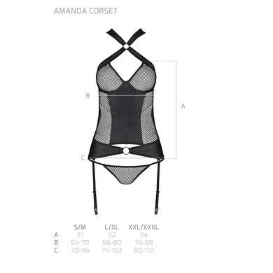 Сетчатый комплект корсет с халтером, съемные подвязки и трусики Amanda Corset black S/M - Passion SO5319 фото