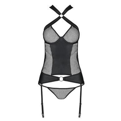 Сетчатый комплект корсет с халтером, съемные подвязки и трусики Amanda Corset black XXL/XXXL - Passi SO5320 фото