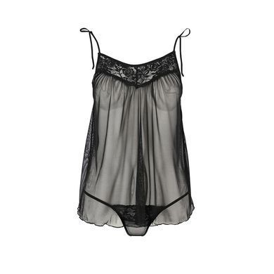 Сорочка прозрачная беби долл MELANIA CHEMISE black XXL/XXXL - Passion, трусики, на тонких бретелях EL16306 фото
