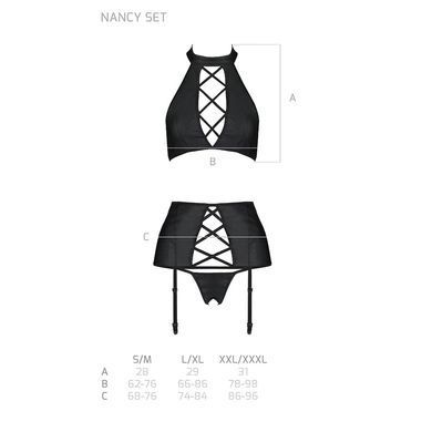 Комплект из эко-кожи с имитацией шнуровки Nancy Set black S/M - Passion топ, трусики и пояс для чуло SO5374 фото