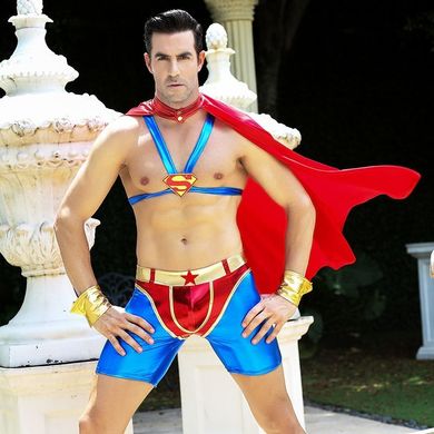 Мужской эротический костюм супермена "Готовый на всё Стив" S/M: плащ, портупея, шорты, манжеты SO2292 фото