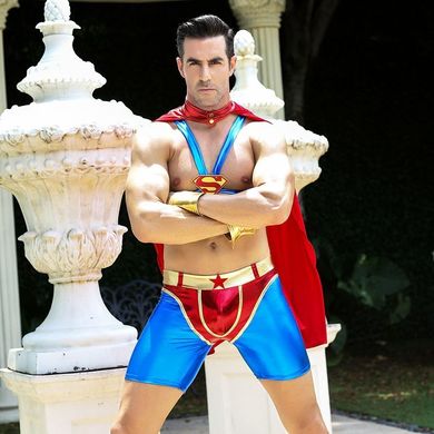 Мужской эротический костюм супермена "Готовый на всё Стив" S/M: плащ, портупея, шорты, манжеты SO2292 фото