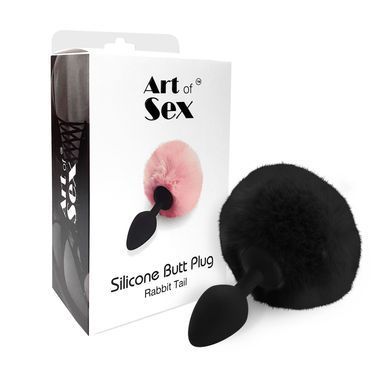 Силіконова анальна пробка М Art of Sex - Silicone Butt plug Rabbit Tail,Чорний SO6694 фото