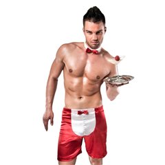 Мужской эротический костюм официанта Passion 019 SHORT red L/XL, шорты и бабочка PSM0191 фото