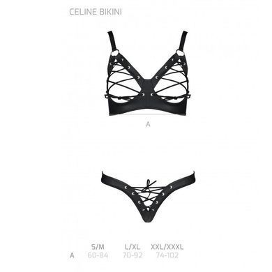 Комплект из экокожи CELINE BIKINI black S/M &mdash; Passion: открытый бра с лентами, стринги со шнуровкой SO6401 фото