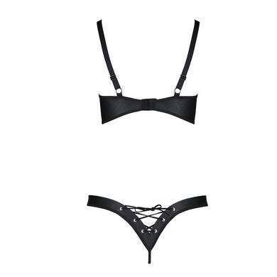 Комплект из экокожи CELINE BIKINI black S/M &mdash; Passion: открытый бра с лентами, стринги со шнуровкой SO6401 фото