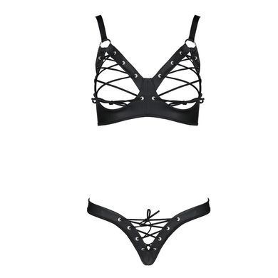 Комплект з екошкіри CELINE BIKINI black XXL/XXXL &mdash; Passion: відкритий бра зі стрічками, стрінги зі ш SO6402 фото