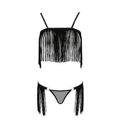 Комплект белья KASSANDRA SET OpenBra black S/M - Passion Exclusive: лиф из бахромы, трусики-юбка PS26302 фото