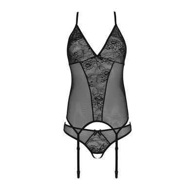 Корсет із пажами, трусики з ажурним декором та відкритим кроком Ursula Corset black S/M &mdash; Passion SO5836 фото