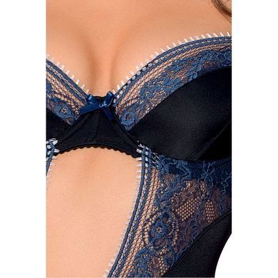 Корсет Gisele Corset black L/XL &mdash; Passion Exclusive: з вирізом на животику, вставки з біло-синього м PS24604 фото