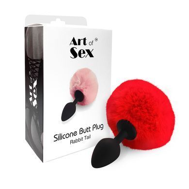 Силиконовая анальная пробка М Art of Sex - Silicone Butt plug Rabbit Tail, Красный SO6964 фото